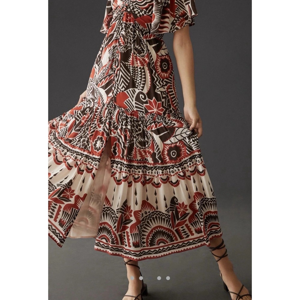 Anthropologie Tiered Maxi Dress Red‎ Black Multicolor Open Back Flowy size LG - Picture 3 of 15